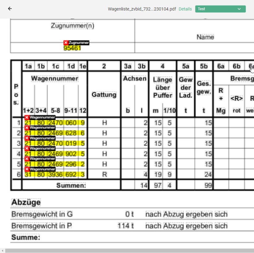 Dokumentenerkennung liest automatisiert Wagennummern aus einer Wagenliste aus