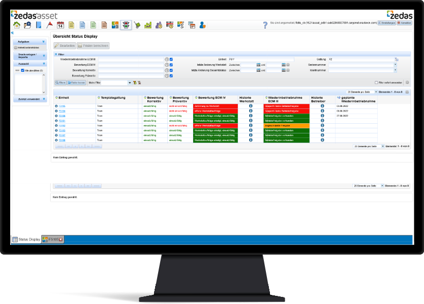 Status display shows the current operational capability of the railway vehicles